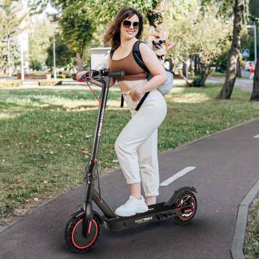 a lady riding on a HONEY WHALE electric scooter E9 pro