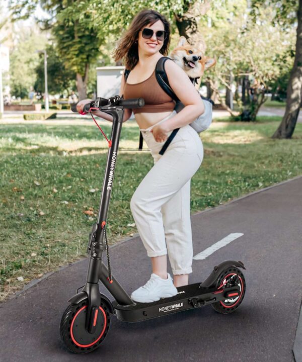 a lady riding on a HONEY WHALE electric scooter E9 pro