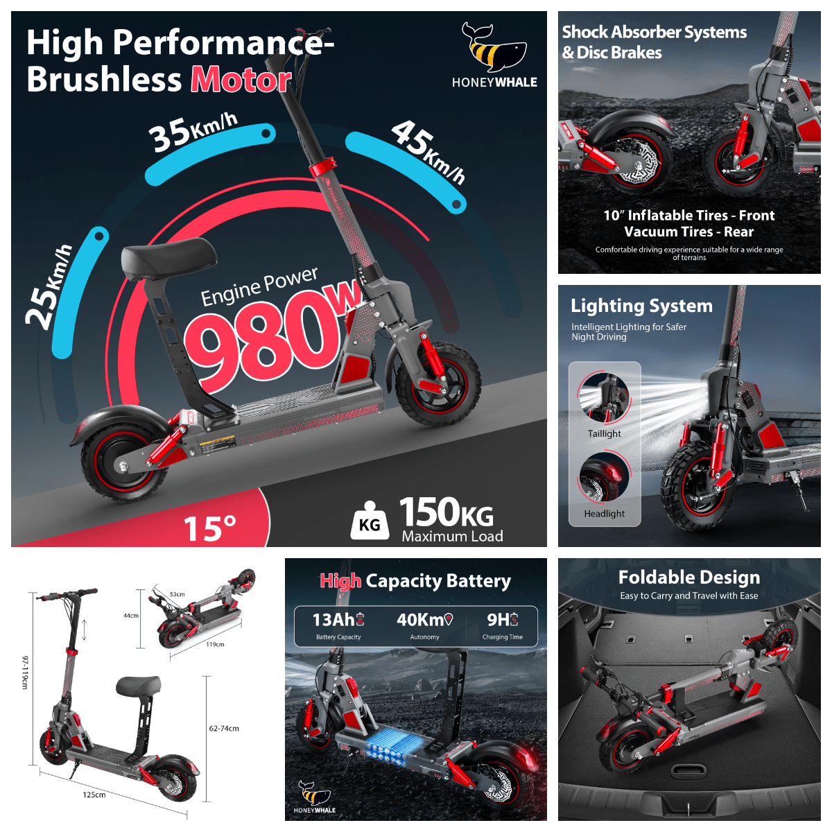 45KM-980W- Off-Road-Removal Seat- Folding Electric-Scooter C1 Pro